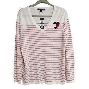 NWT Tommy Hillfiger Pink White Stripe Cotton Sweater Large